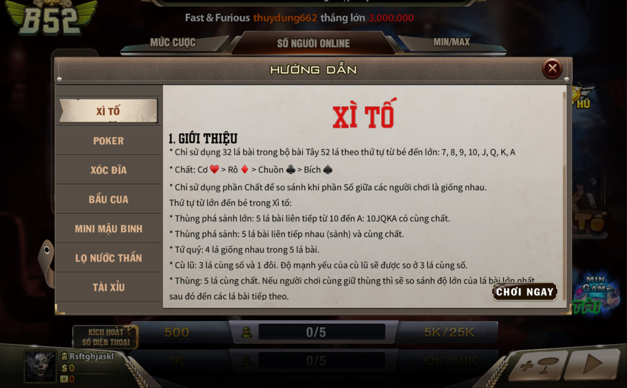 Cách tính điểm tại Xì tố B52 club